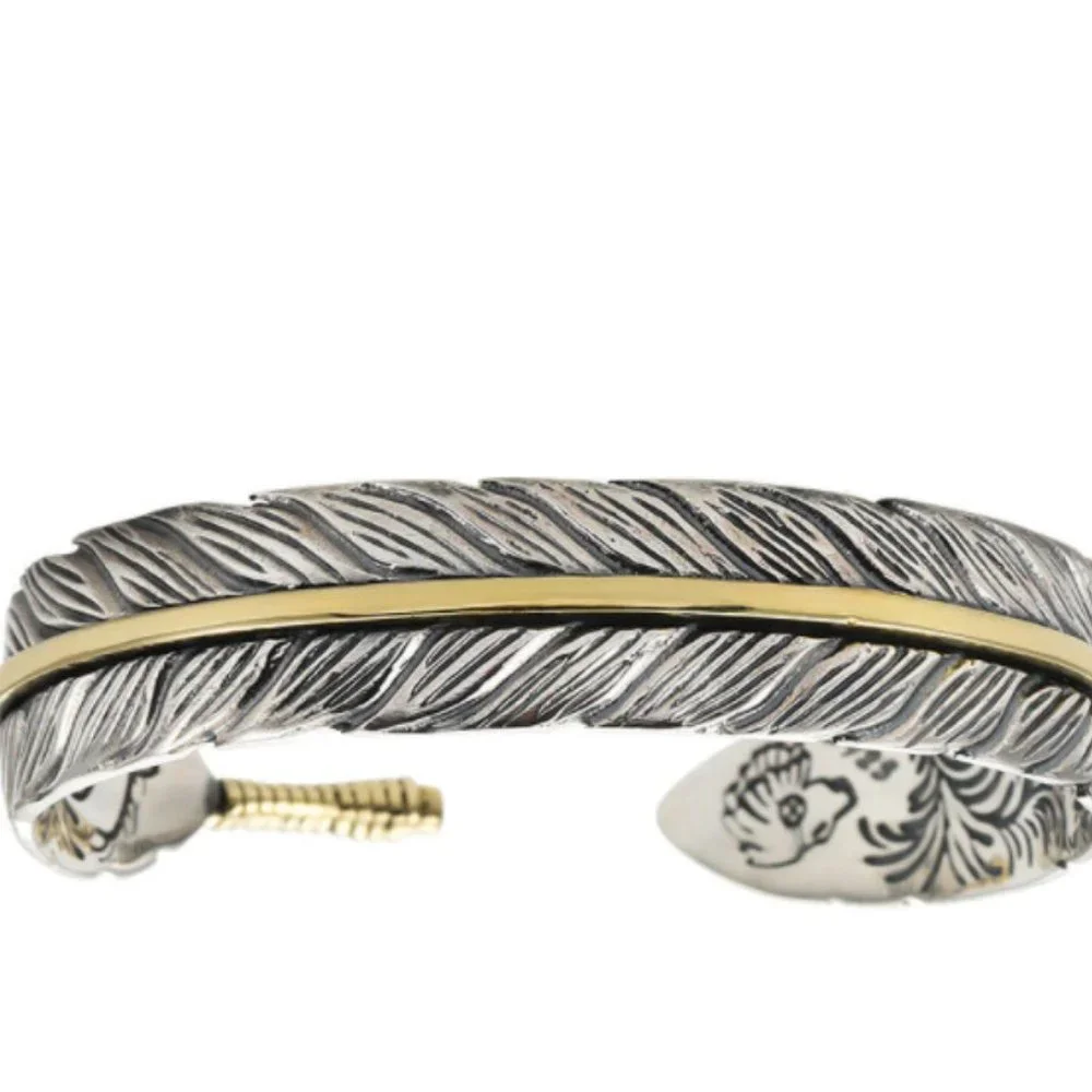 Takahashi Goro's Handmade Silver Golden Feather Cuff Bracelet Bangle